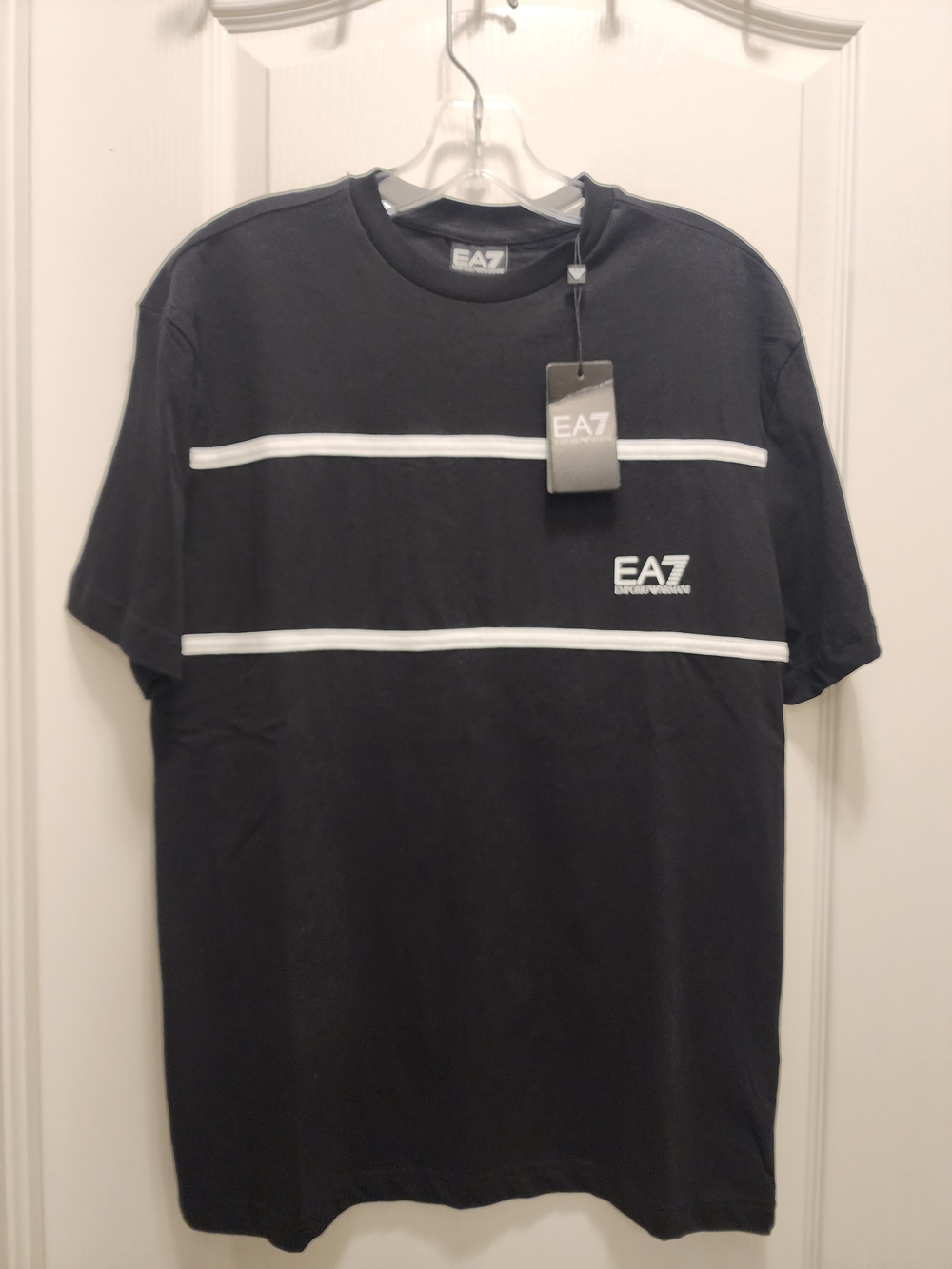 Emporio Armani EA7 Black Short-Sleeve Tee with White Stripes